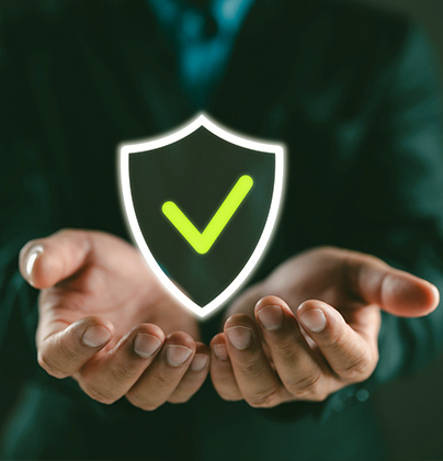 Open hands with security shield icon with check mark