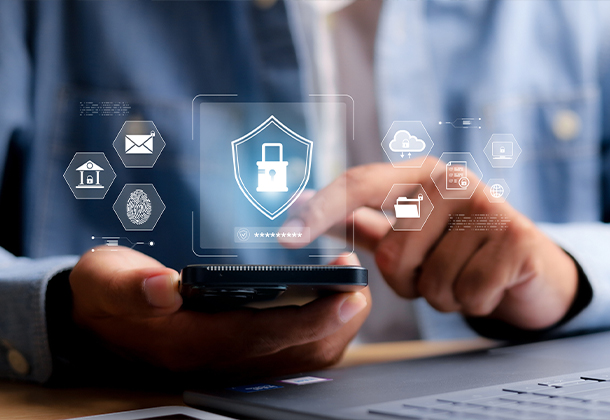 Cell phone in hand with finger hovering over screen with transparent overlay and security lock