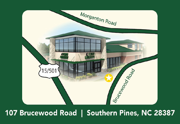Southern Pines Branch Map with address of 107 Brucewood Road, Southern Pines, NC 28387