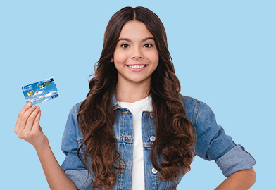 Girl holding a youth debit card